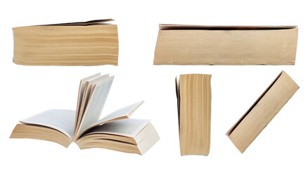 Open and closed thick books with yellowed pages. Education and study. Set, collage. Isolated on...