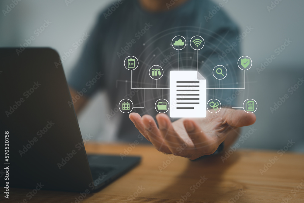 Poster Document Management Data System document icon in a man's hand corporate data management system. Data privacy protection Business Internet Technology Concept