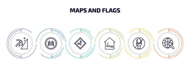 maps and flags infographic element with outline icons and 6 step or option. maps and flags icons such as mining work zone, rail crossing, left side road, smoking place, no toileting, arrow on globe
