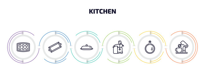 kitchen infographic element with outline icons and 6 step or option. kitchen icons such as muffin pan, tray, platter, juicer, chopping board, mixer vector.