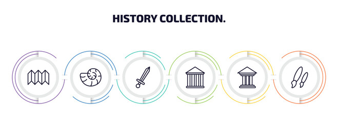 history collection. infographic element with outline icons and 6 step or option. history collection. icons such as trifold, fossil, sword, pantheon, greek, brushes vector.