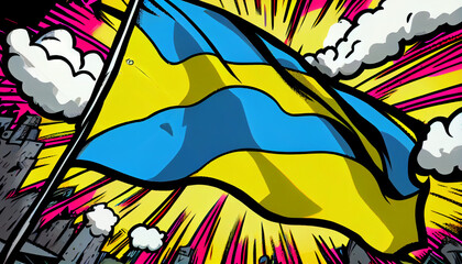 Obraz premium Ukraine Flag illustration Comic book Style, Ukrainian and EU artwork flags by generative AI