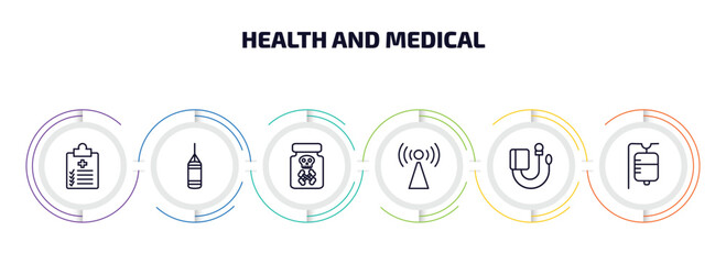 health and medical infographic element with outline icons and 6 step or option. health and medical icons such as medical checklist, punching bag, poisonous, non ionizing radiation, sphygmomanometer,
