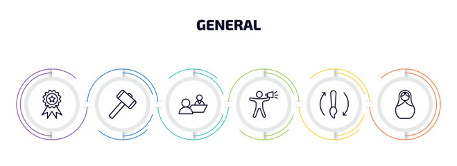 general infographic element with outline icons and 6 step or option. general icons such as win, sledgehammer, job interview, leader with loudspeaker, history brush, matryoshka vector.