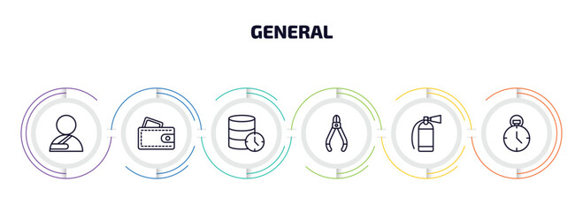 general infographic element with outline icons and 6 step or option. general icons such as shoulder immobilizer, card wallet, real time data, nippers, fire estinguisher, analog stopwatch vector.