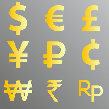 Currency icon vector collection. Set of worldwide currency vector design element. Golden currencies vector graphic resource. Dollar, euro, pond, yen, ruble, cent, won, rupee and rupiah symbol 