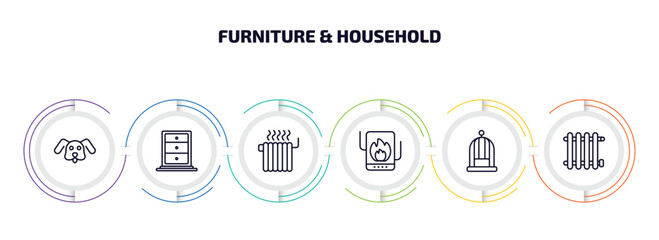Fototapeta premium furniture & household infographic element with outline icons and 6 step or option. furniture & household icons such as dog, cabinet, heating, heating unit, bird cage, radiator vector.