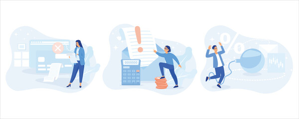 Characters having financial problems, debts and loans. People holding long bill, reading letter from collection agency and carrying debt.set flat vector modern illustration