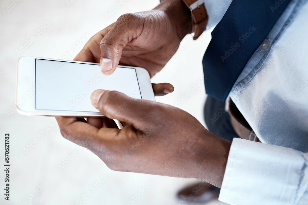 Aufkleber black man hands, blank phone screen and digital business communication on 5g connection. writing, so