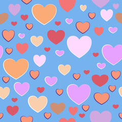 Seamless pattern of abstract hearts in pink and yellow shades on a light blue background for textile.