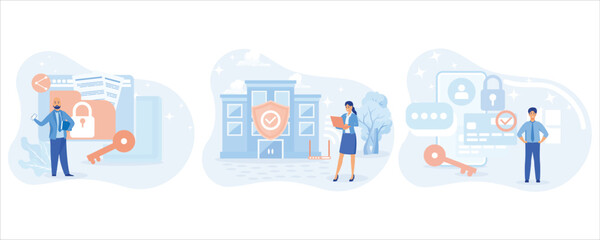 Characters using Cyber Security Services to Protect Personal Data. Online Payment Security, Cloud Shared Documents, Server Security and Data Protection Concept.set flat vector modern illustration