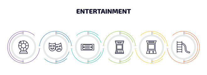 entertainment infographic element with outline icons and 6 step or option. entertainment icons such as lottery game, theater, gold ticket, arcade game, arcade hine, toboggan vector.