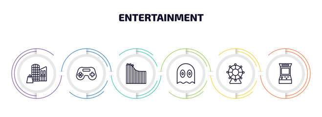 entertainment infographic element with outline icons and 6 step or option. entertainment icons such as mall, game console, roller coaster, ghost, spinning wheel, arcade vector.