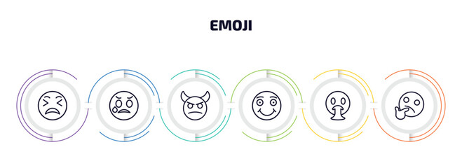 emoji infographic element with outline icons and 6 step or option. emoji icons such as exhausted emoji, disappointed angry with horns smile vomit wondering vector. - obrazy, fototapety, plakaty