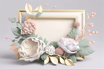 Decorative 3d blank picture frame with flower bouquet on frame decoration perfect for photo frame or thank you card mockup. Generative Ai