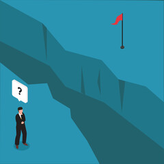 Businessman standing on cliff are thinking of way to cross the gap to the flag of success 3d isometric vector illustration concept for banner, website, landing page, ads, flyer template