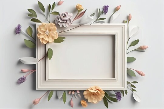 White Blank picture frame with rustic flower decoration on white isolated background. 3d Generative Ai