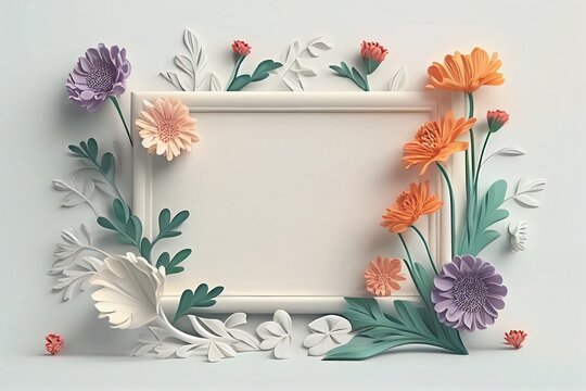 White picture photo frame with spring flowers decoration around frame. Generative Ai