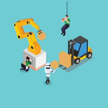 Automated factory warehouse with robots and AI service 3d isometric vector illustration concept for banner, website, landing page, ads, flyer template