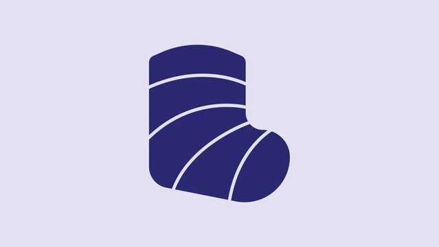 Blue Gypsum cast medical health broken leg icon isolated on purple background. 4K Video motion graphic animation