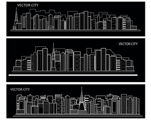 Three vector posters with a city view in black and white. Line art style.