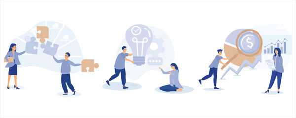 Creative characters and their business activity. People connecting puzzle pieces, generating new ideas, analyzing corporate data.set flat vector modern illustration