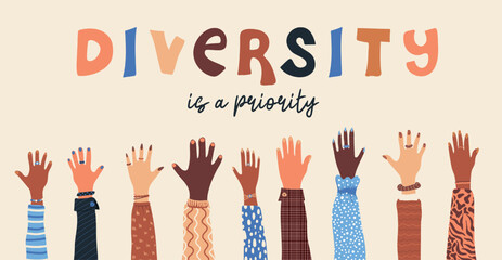 Diversity is a priority. Set of diversity skin hands, people multi ethnic race. Racial equality and anti-racism. Multicultural society. Friendship. Vector illustration