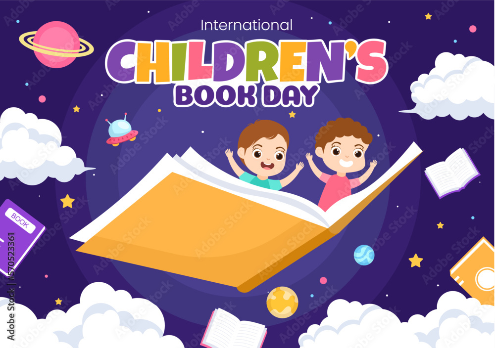 Wall mural International Children's Book Day on April 2 Illustration with Kids Reading or Writing Books in Flat Cartoon Hand Drawn for Landing Page Templates