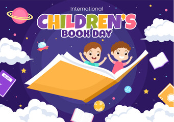International Children's Book Day on April 2 Illustration with Kids Reading or Writing Books in Flat Cartoon Hand Drawn for Landing Page Templates