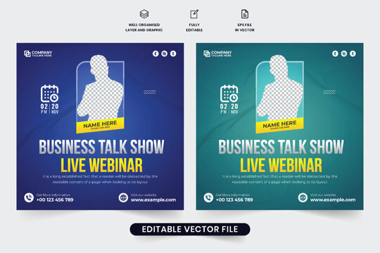 Business talk show and webinar template design with photo placeholders. Modern business promotional seminar template vector for marketing. Digital agency webinar conference social media post.