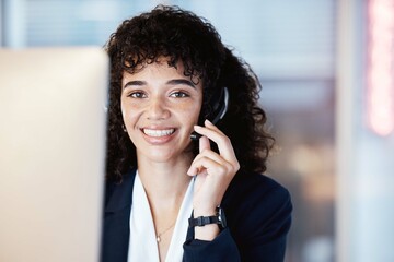 Portrait, call center consultant and black woman working on lead generation on a office call. Customer service, web support and contact us employee with a smile from online consulting job and career