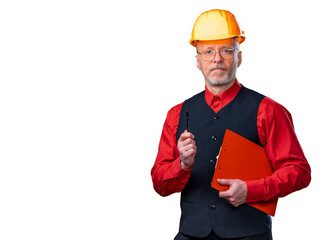 Engineer in a helmet on a yellow background. Senior man holding clipboard.