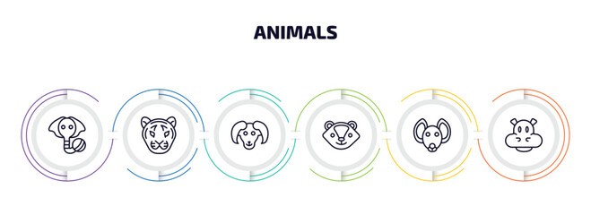 animals infographic element with outline icons and 6 step or option. animals icons such as elephant on a ball, tiger, male sheep, skunk, hyena, hippopotamus vector.