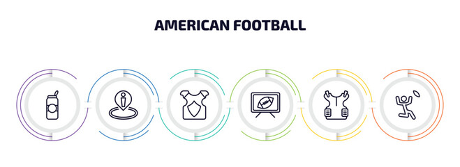Fototapeta premium american football infographic element with outline icons and 6 step or option. american football icons such as can of beer, position, back protection, football tv program, padded shirt, catching the