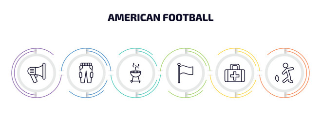 american football infographic element with outline icons and 6 step or option. american football icons such as megaphone, practice pants, with wheels, flag, first aid kit, kicking the ball vector.