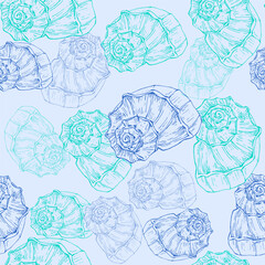 Seamless pattern background with abstract shell ornaments. Hand drawn nature illustration of ocean.