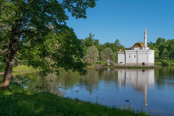 The pavilion of the Turkish Bath on the shore of a Large pond in the Catherine Park in Tsarskoye...