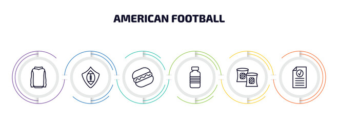 american football infographic element with outline icons and 6 step or option. american football icons such as hoodie, football shield, hot dog, bottle of water, gaiters, results vector.