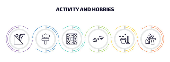 activity and hobbies infographic element with outline icons and 6 step or option. activity and hobbies icons such as downhill, , quilt, exercising, cleaning, jewelry making vector.