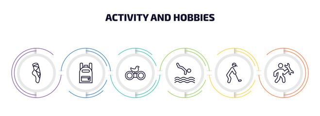 activity and hobbies infographic element with outline icons and 6 step or option. activity and hobbies icons such as ballerina, backpacks, bird watching, jumping to the water, golf playing,