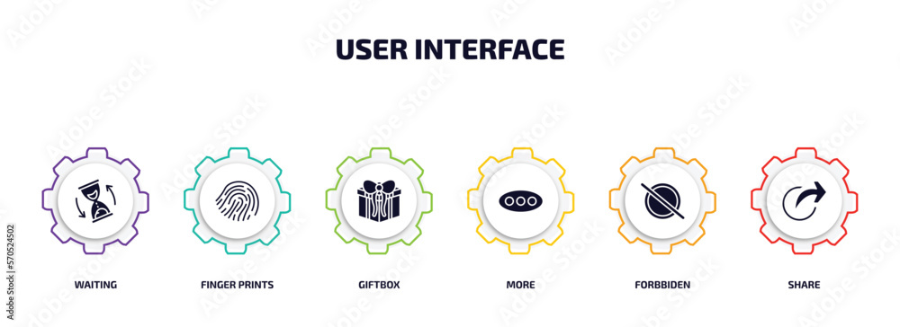 Poster user interface infographic element with filled icons and 6 step or option. user interface icons such