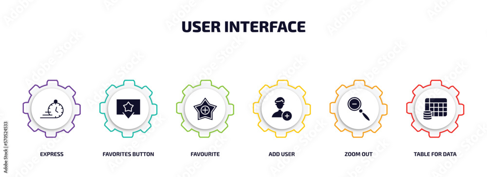Poster user interface infographic element with filled icons and 6 step or option. user interface icons such