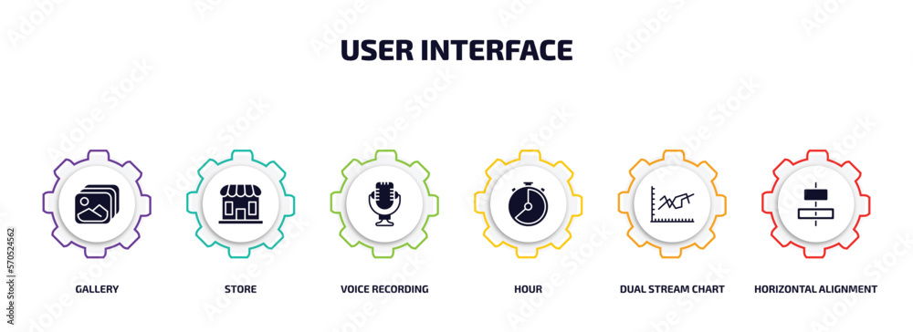 Aufkleber user interface infographic element with filled icons and 6 step or option. user interface icons such