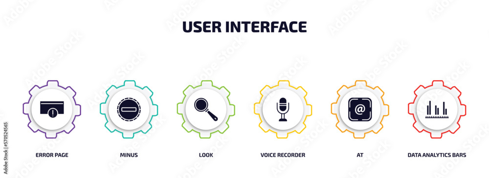 Poster user interface infographic element with filled icons and 6 step or option. user interface icons such