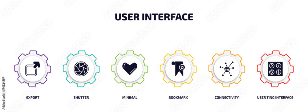Aufkleber user interface infographic element with filled icons and 6 step or option. user interface icons such