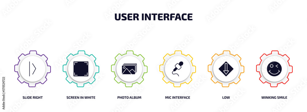 Poster user interface infographic element with filled icons and 6 step or option. user interface icons such