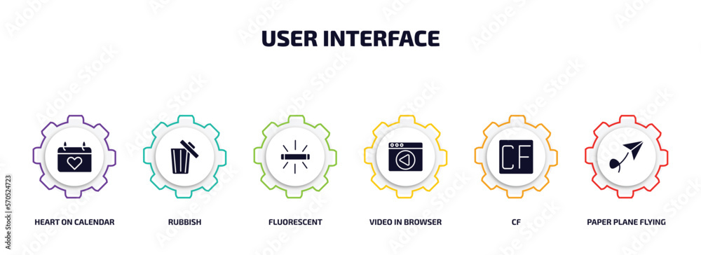 Poster user interface infographic element with filled icons and 6 step or option. user interface icons such
