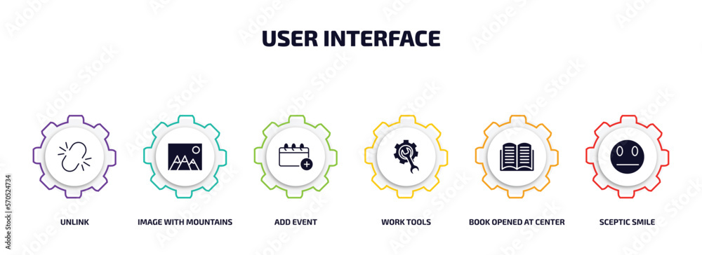 Poster user interface infographic element with filled icons and 6 step or option. user interface icons such