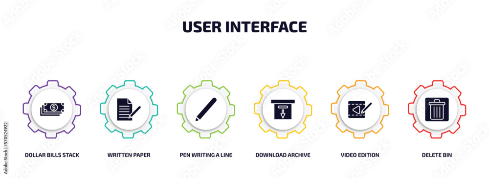 Poster user interface infographic element with filled icons and 6 step or option. user interface icons such