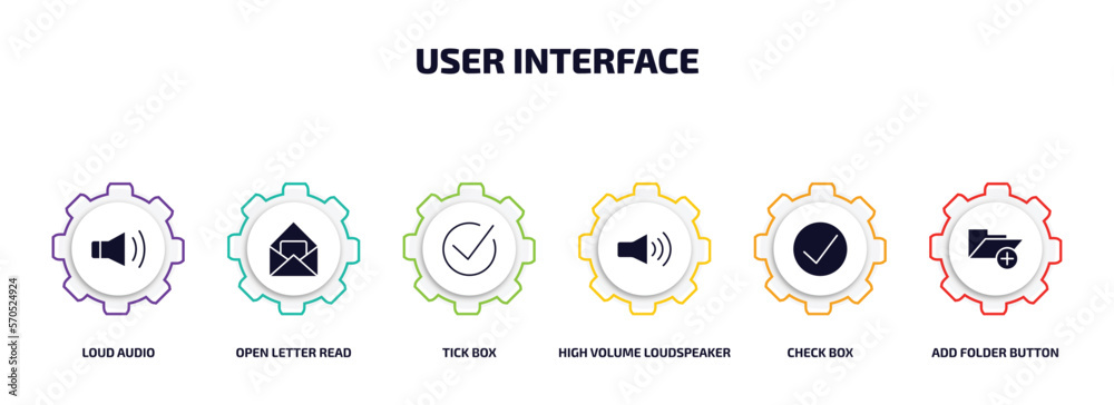 Poster user interface infographic element with filled icons and 6 step or option. user interface icons such